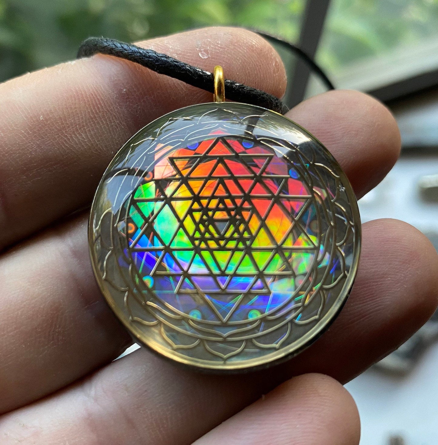 Sri Yantra - Sacred Geometry Holographic Orgone Tesla Pendant- EMF Blocker - Chakra Balancing - FREE Necklace - Hand Made