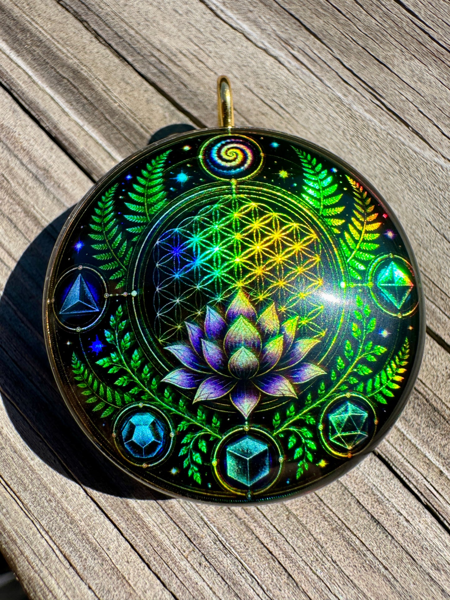 Sacred Lotus Holographic Orgonite Pendant • 22 Crystal Matrix • EMF Protection • Hand Made • Free Cotton Necklace