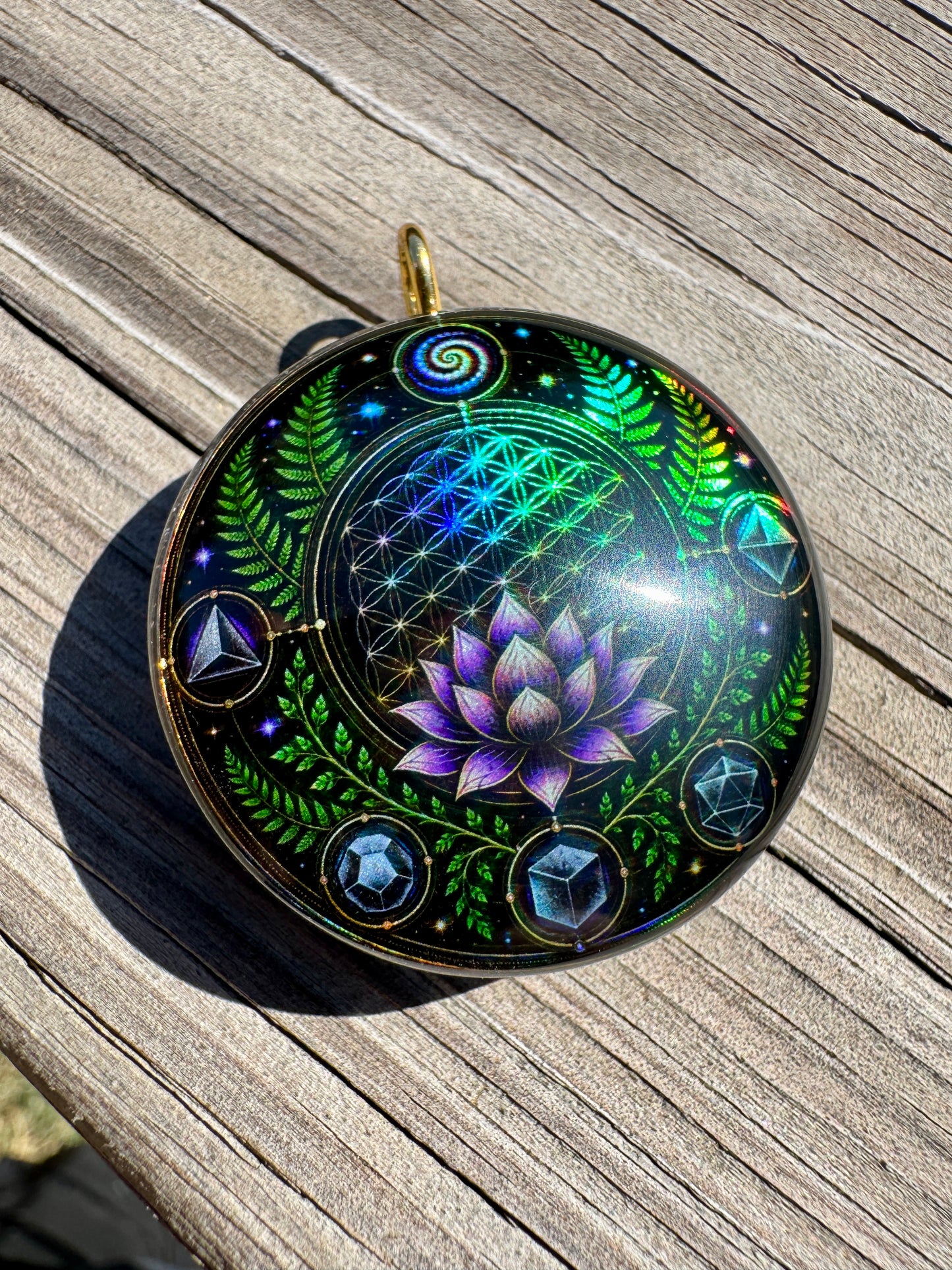 Sacred Lotus Holographic Orgonite Pendant • 22 Crystal Matrix • EMF Protection • Hand Made • Free Cotton Necklace