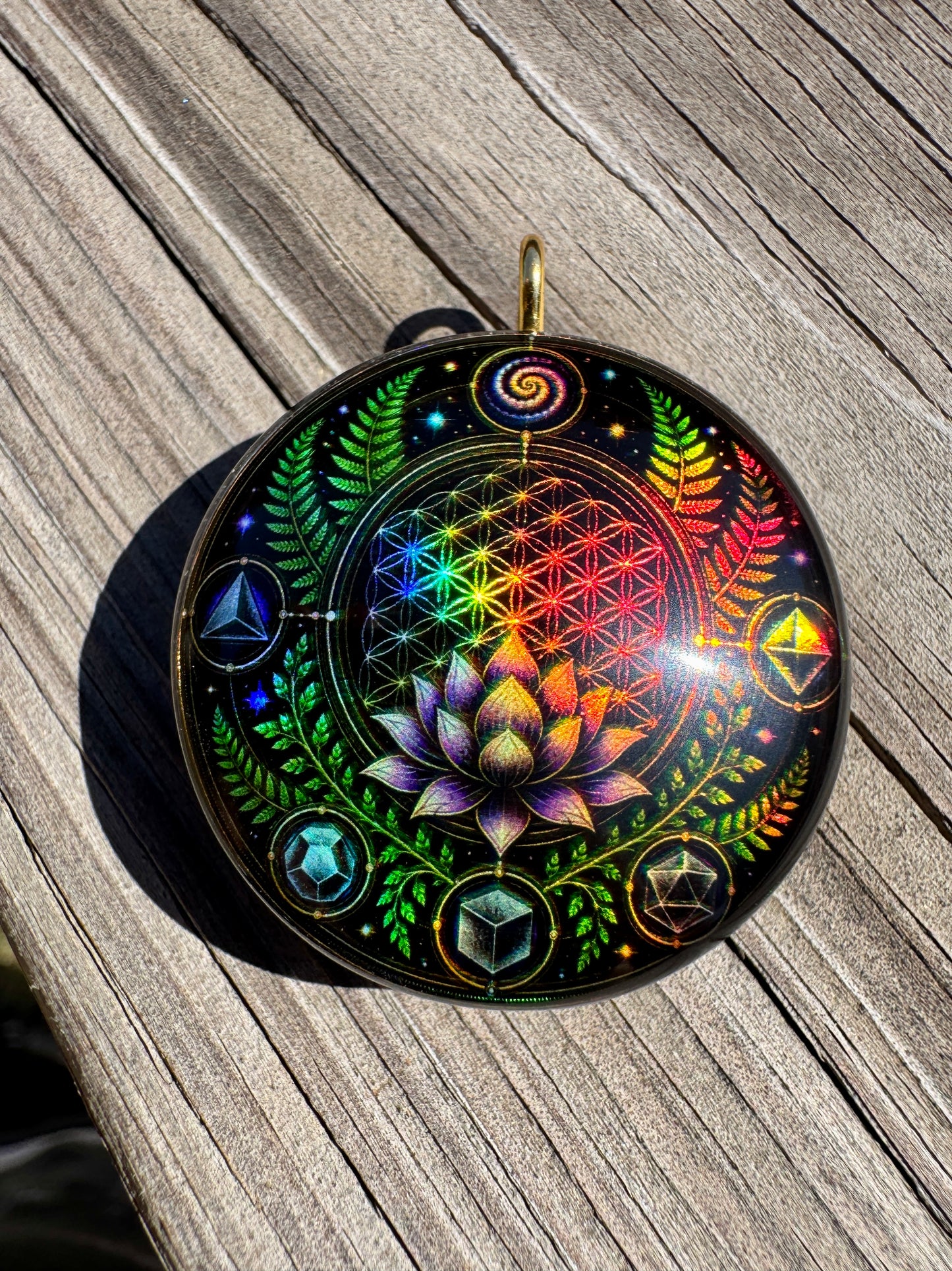 Sacred Lotus Holographic Orgonite Pendant • 22 Crystal Matrix • EMF Protection • Hand Made • Free Cotton Necklace