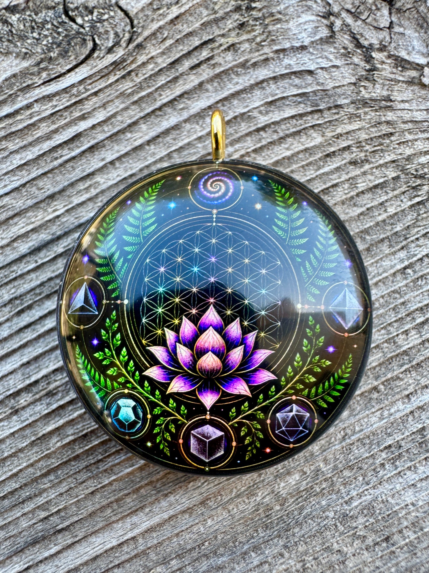 Sacred Lotus Holographic Orgonite Pendant • 22 Crystal Matrix • EMF Protection • Hand Made • Free Cotton Necklace
