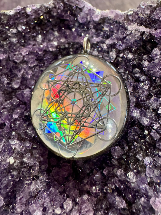 Metatrons Cube - Sacred Geometry Holographic Orgone Tesla Pendant- EMF Blocker - Chakra Balancing - FREE Necklace - Hand Made (Copy) (Copy)