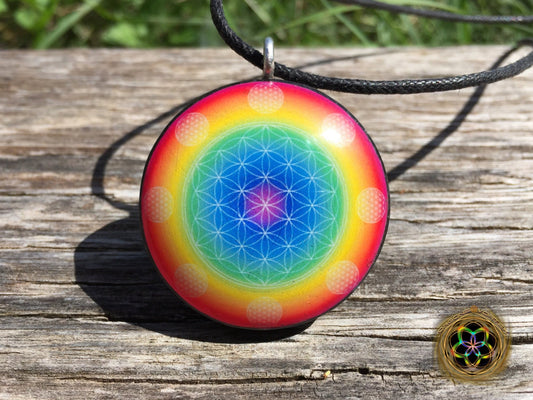 Rainbow Flower of Life Orgone Tesla Pendant- EMF Blocker - Chakra Balancing - FREE Necklace - Hand Made