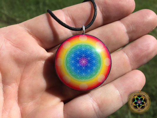 Rainbow Flower of Life Orgone Tesla Pendant- EMF Blocker - Chakra Balancing - FREE Necklace - Hand Made