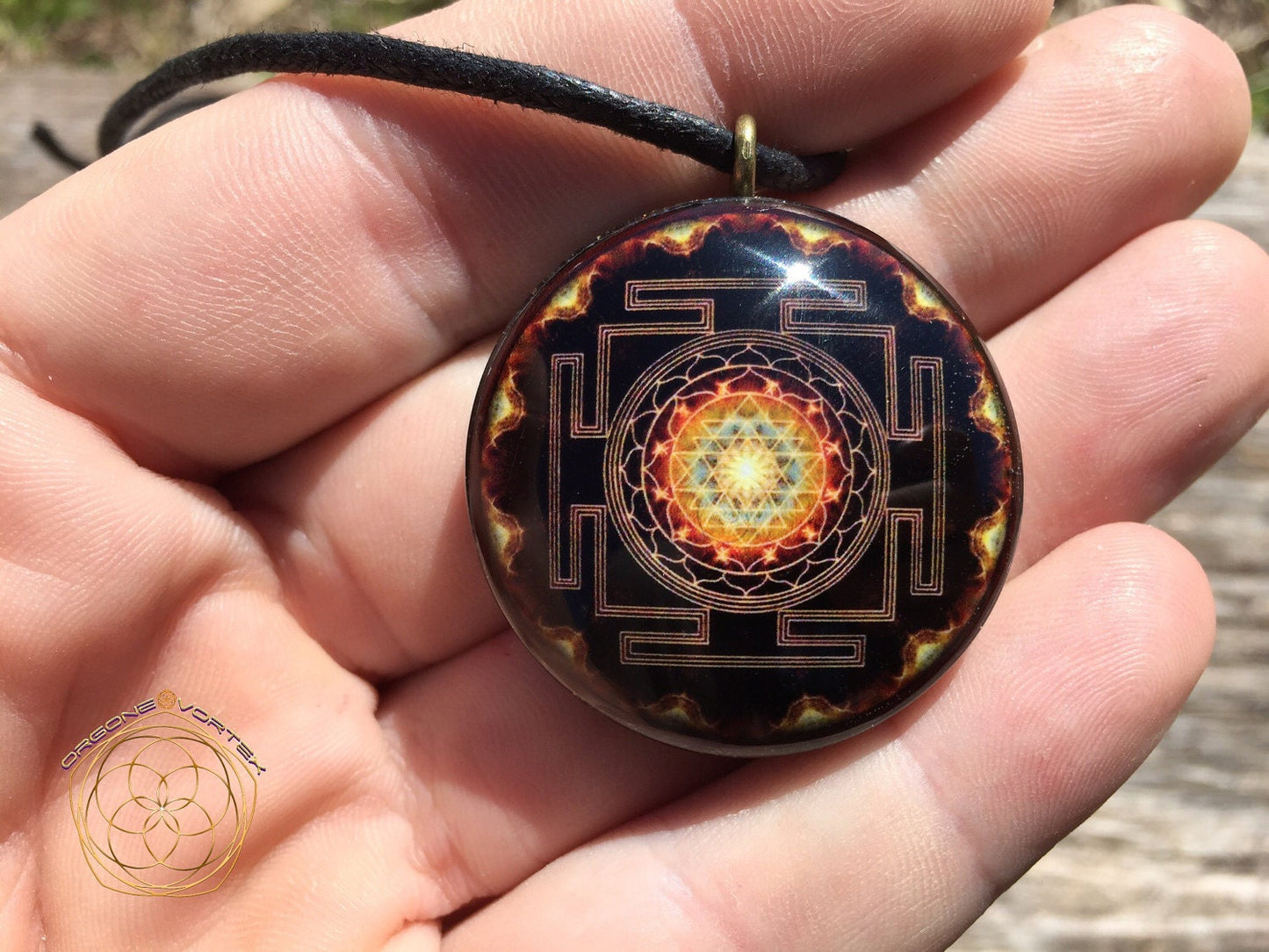 Golden Fire Sri Yantra Mandala Orgone Tesla Pendant- EMF Blocker - Chakra Balancing - FREE Necklace - Hand Made