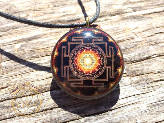 Golden Fire Sri Yantra Mandala Orgone Tesla Pendant- EMF Blocker - Chakra Balancing - FREE Necklace - Hand Made