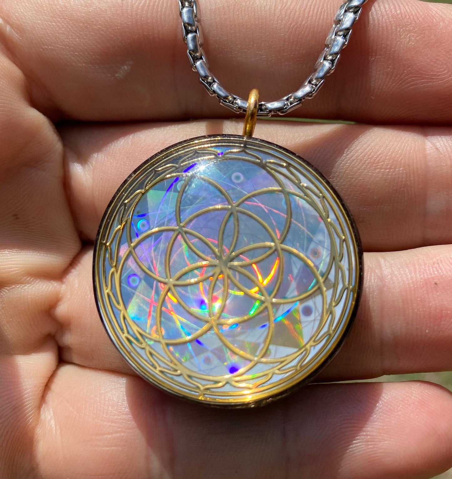 Seed of Life - Sacred Geometry Holographic Orgone Tesla Pendant- EMF Blocker - Chakra Balancing - FREE Necklace - Hand Made