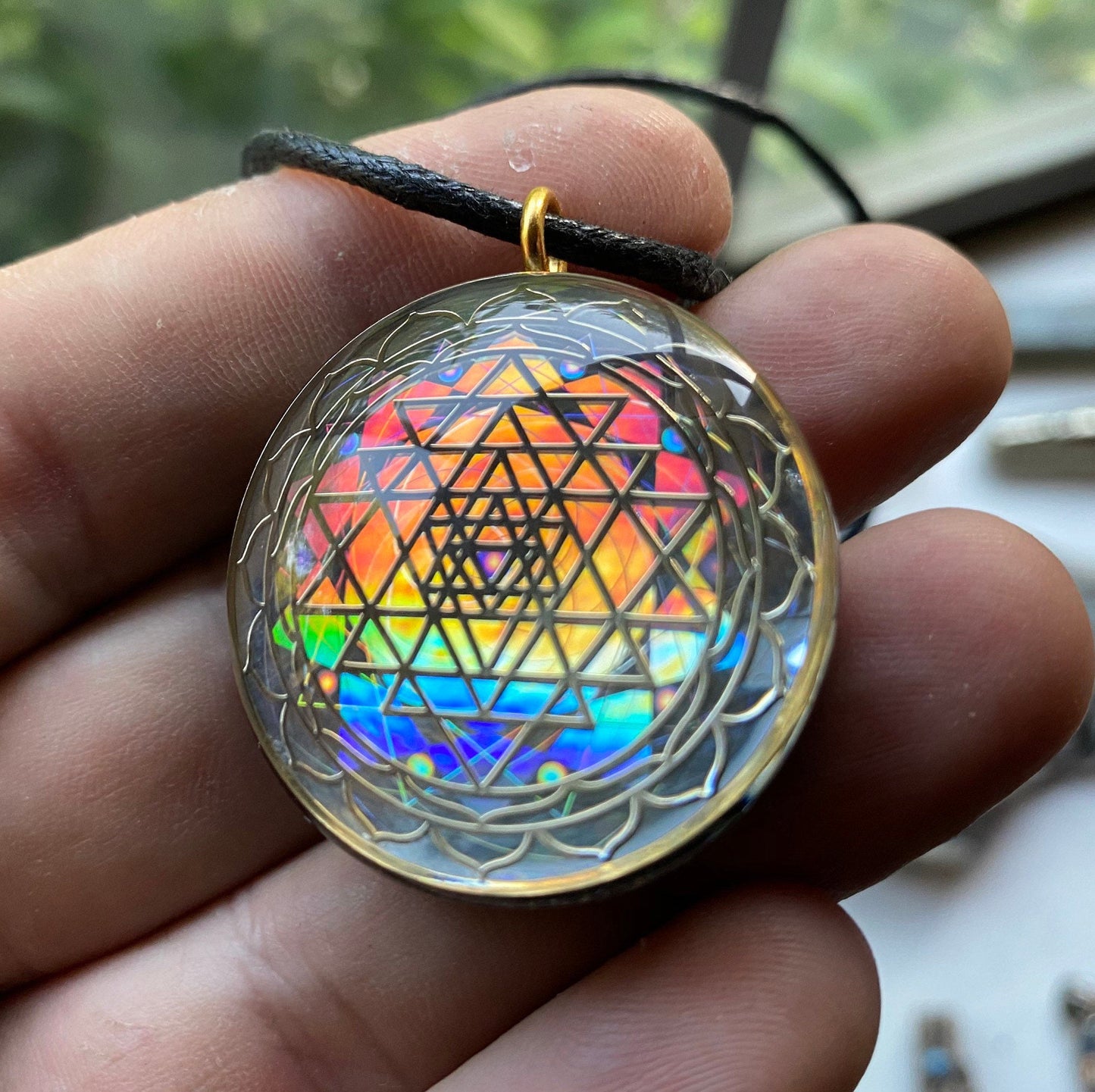 Sri Yantra - Sacred Geometry Holographic Orgone Tesla Pendant- EMF Blocker - Chakra Balancing - FREE Necklace - Hand Made