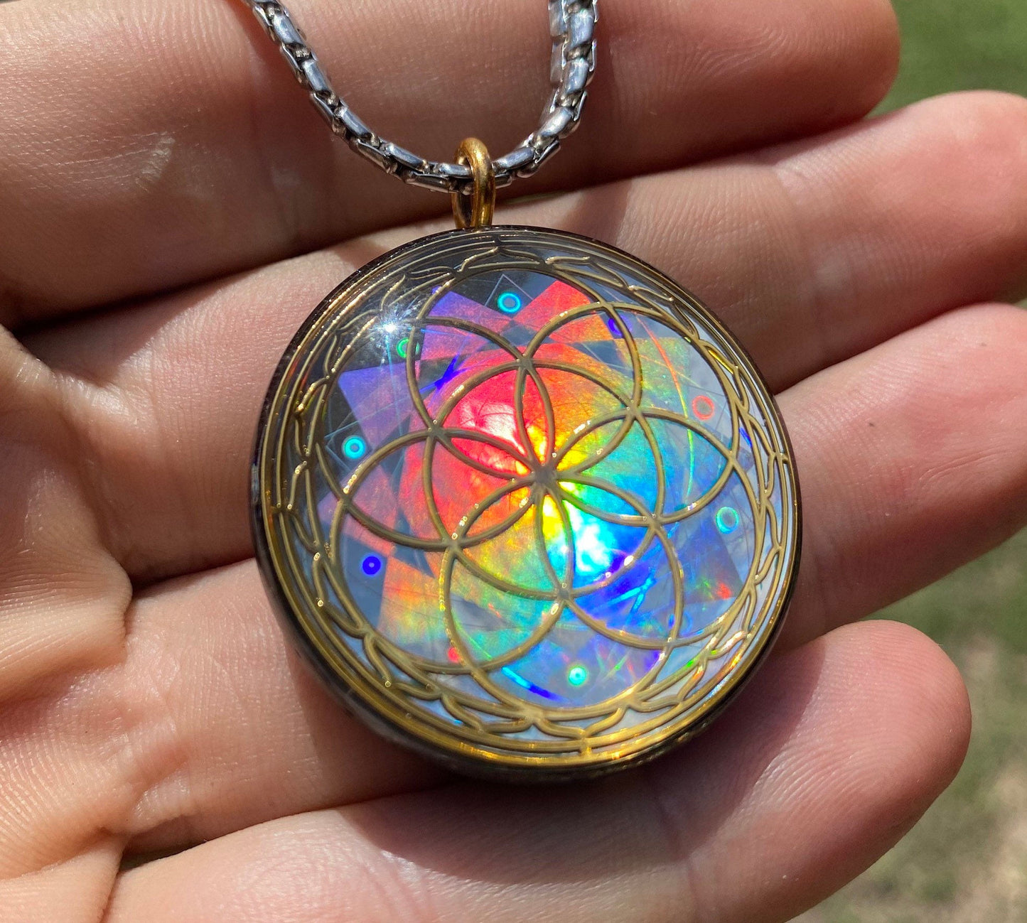 Seed of Life - Sacred Geometry Holographic Orgone Tesla Pendant- EMF Blocker - Chakra Balancing - FREE Necklace - Hand Made