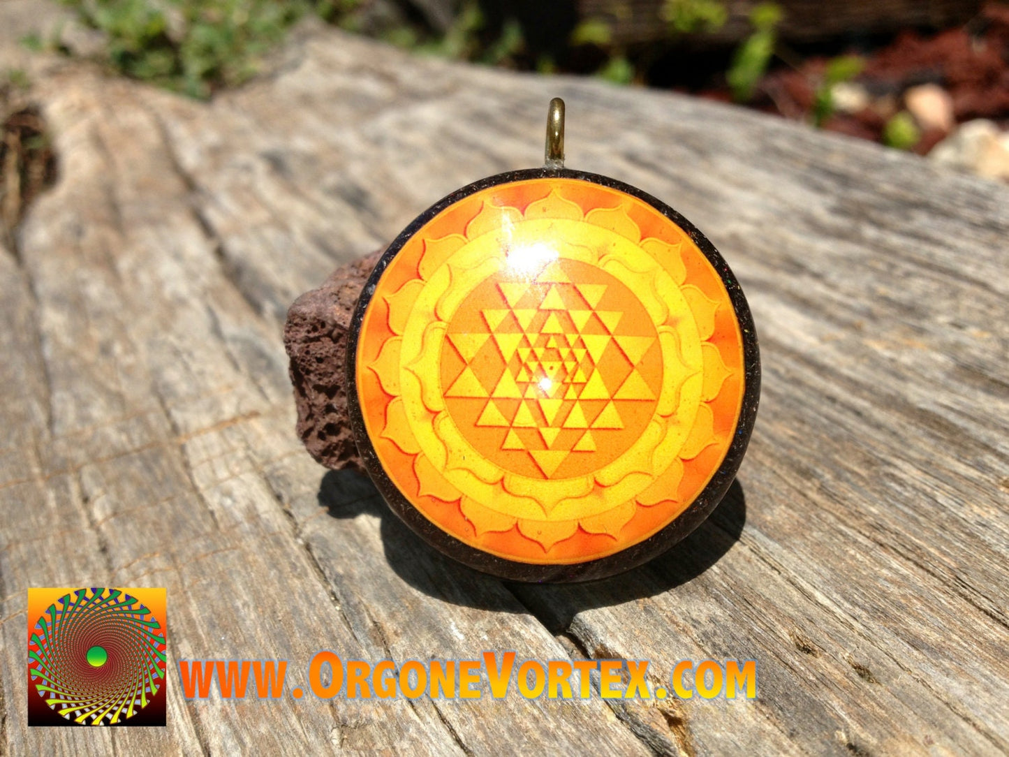 Golden Sri Yantra Mandala Orgone Tesla Pendant- EMF Blocker - Chakra Balancing - FREE Necklace - Hand Made